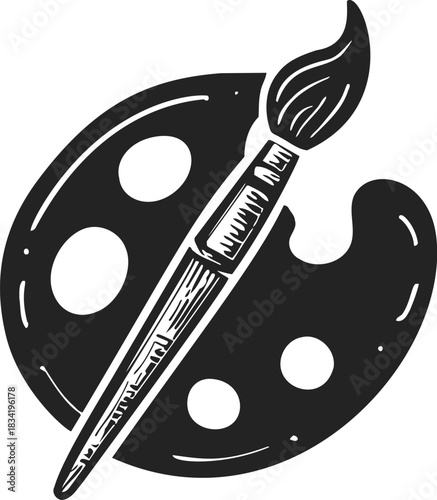 Artist palette and paintbrush sketch, hand drawn style, classic art symbol. Vector illustration