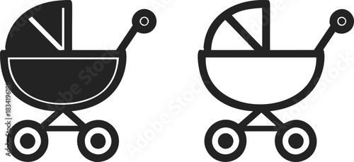 Baby stroller icon sketch, hand drawn style, minimal black and white pram. Vector illustration