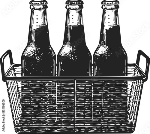 Beer bottles sketch hand drawn in wire basket, vintage style. Vector illustration