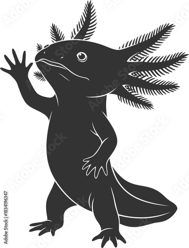 Adorable axolotl salamander with feathery gills waving illustration