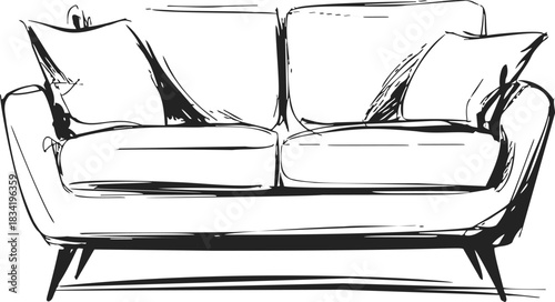 Sofa sketch hand drawn with cushions, modern minimalist furniture. Vector illustration