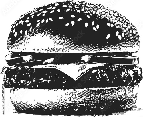 Burger sketch hand drawn with sesame bun, cheese, tomato, and beef patty. Vector illustration