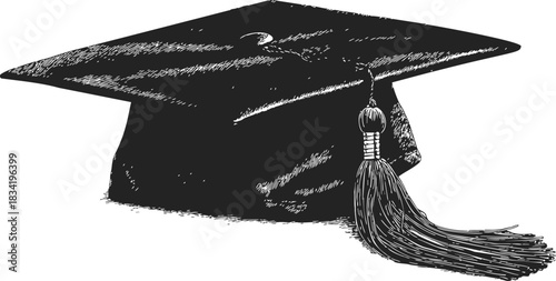 Graduation cap sketch hand drawn with tassel in detailed monochrome style. Vector illustration