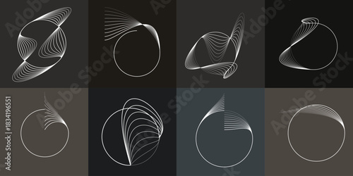 Abstract visual harmony of circles and curved lines , perfect for digital branding. Linear circular art with balanced curves ideal for posters, packaging and web design. Vector rotational shapes set.