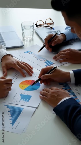 Close up of professional business team hands analyzing financial charts and data graphs with pens on a desk, illustrating corporate strategy planning.