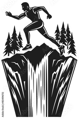 Silhouette of a runner leaping across a cliff edge with pine trees