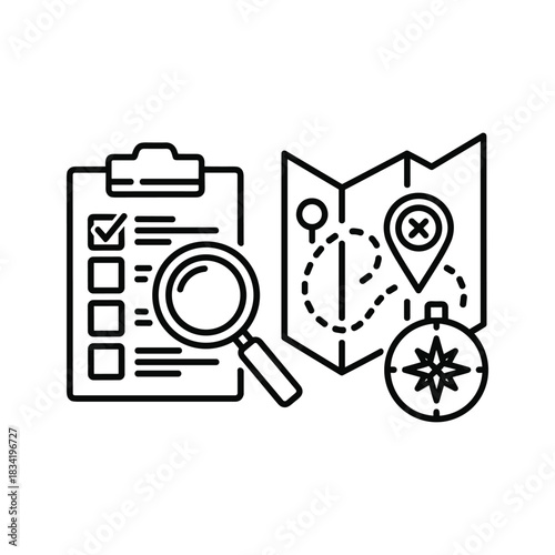 Planning and Navigation Icon Set with Checklist, Map, Magnifying Glass, and Compass