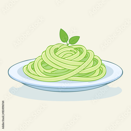 Plate Of Green Spaghetti With Basil Leaves On Top In A Simple And Clean Style