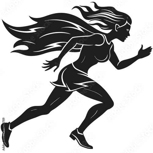 Dynamic silhouette of a woman running with flowing hair and athletic build