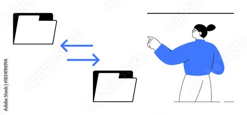 Data management, file sharing, teamwork, organization, productivity, storage solutions. Two folders connected by arrows with a person pointing. Data management and file sharing concept