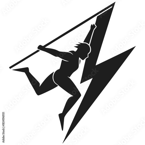 Silhouette of a javelin thrower in action against a lightning bolt background