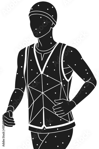 Stylized human figure wearing a motion capture suit with tracking markers