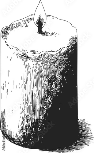 Candle sketch hand drawn burning wax candle with flame and textured shading. Vector illustration