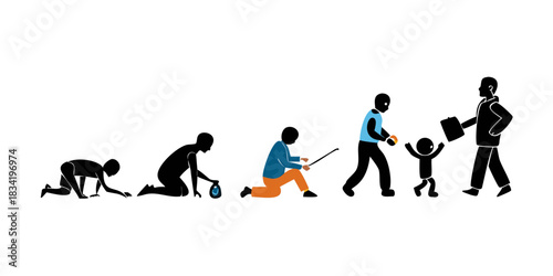 A collection of people in various stages of life: a baby crawling, a child playing, a teenager studying, an adult working, and a senior citizen relaxing. Representing the human life cycle. Isolated on