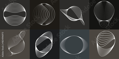 Abstract visual harmony of circles and curved lines , perfect for digital branding. Linear circular art with balanced curves ideal for posters, packaging and web design. Vector rotational shapes set.