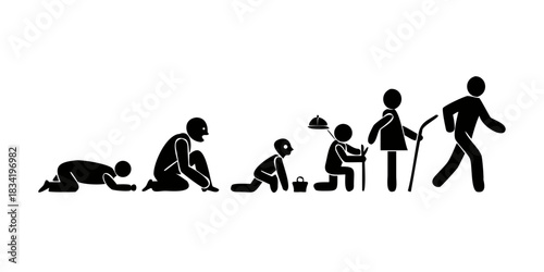A collection of people in various stages of life: a baby crawling, a child playing, a teenager studying, an adult working, and a senior citizen relaxing. Representing the human life cycle. Isolated on
