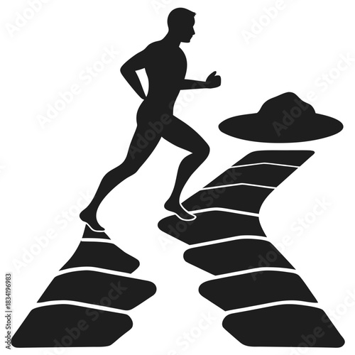 Silhouette of a man running on a path made of stepping stones towards a mountain peak