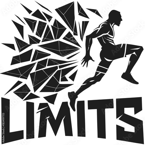 Silhouette of a determined athlete breaking through geometric shards symbolizing overcoming limits