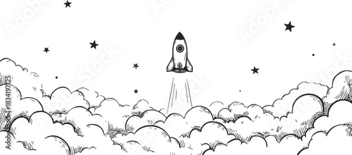 Rocket ship sketch hand drawn launching above clouds with stars in sky. Vector illustration