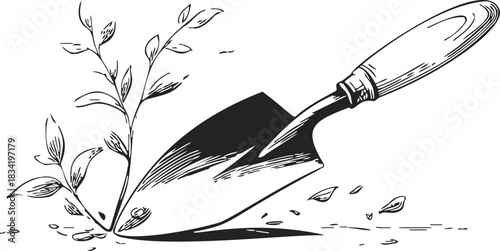 Garden trowel sketch hand drawn with plant and soil detail. Vector illustration