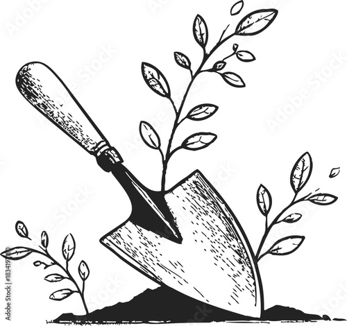 Garden trowel sketch hand drawn with soil and leafy plants. Vector illustration