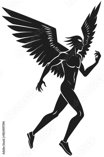 Silhouette of a winged human figure running with powerful wings outstretched against a black background