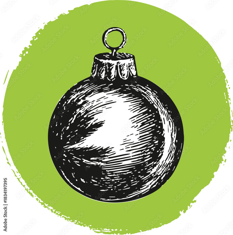 Fototapeta premium Christmas ornament ball sketch, hand drawn style, isolated on green circle background. Vector illustration