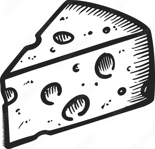 Cheese wedge sketch hand drawn style with holes and textured rind. Vector illustration