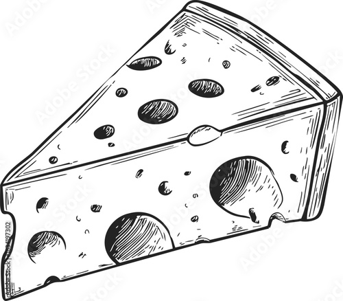 Cheese wedge sketch, hand drawn slice with holes, detailed dairy food. Vector illustration