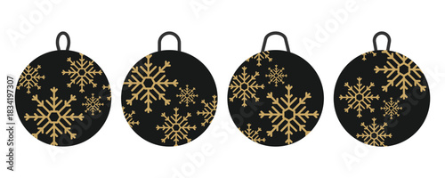 Decorative Christmas baubles set featuring festive symbols, stars, and snowflakes for winter design use