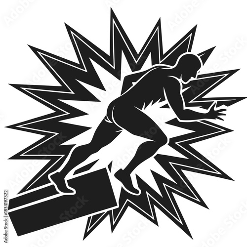 Silhouette of a runner bursting forward with explosive energy and speed from a starting block