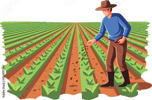 Farmer sowing seeds by hand in rows of green crops and brown soil