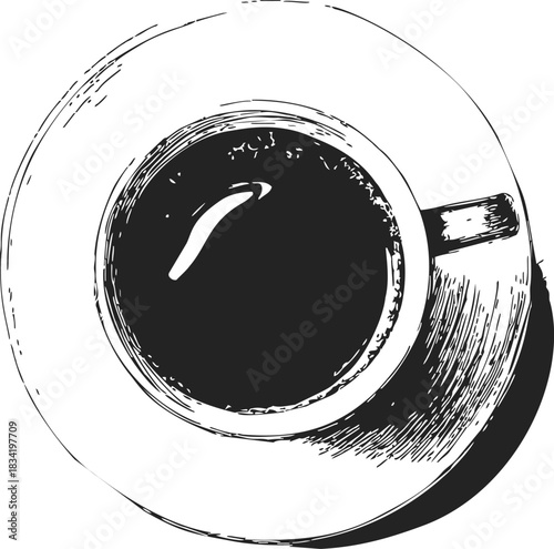 Coffee cup top view sketch hand drawn with saucer and shadow. Vector illustration
