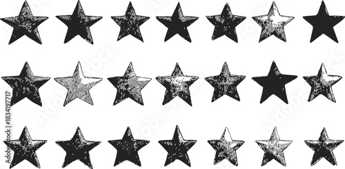 Stars sketch hand drawn set with various shading styles. Vector illustration