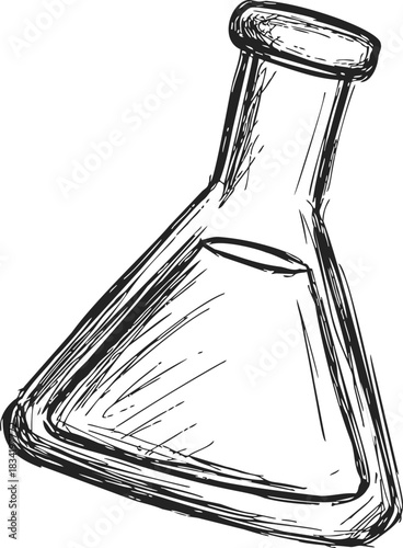 Erlenmeyer flask sketch hand drawn laboratory glassware with conical body and narrow neck. Vector illustration