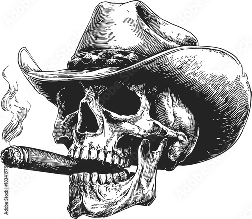 Skull with cowboy hat and cigar, sketch hand drawn style. Vector illustration