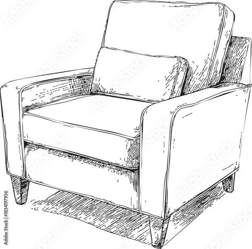 Armchair sketch hand drawn with cushion and wooden legs. Vector illustration