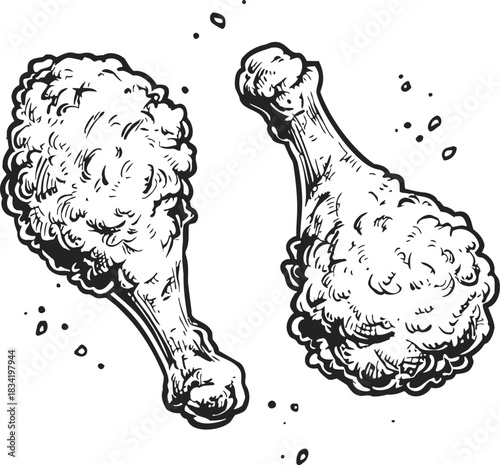 Fried chicken drumsticks sketch, hand drawn style with crispy textured coating. Vector illustration