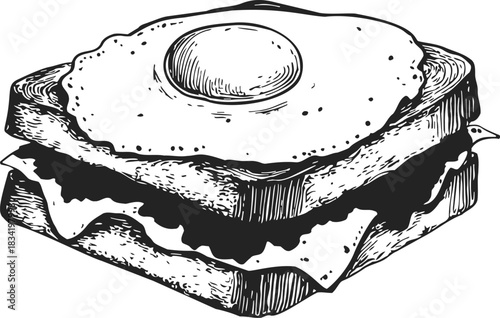 Fried egg sandwich sketch, hand drawn style with cheese and lettuce layers. Vector illustration