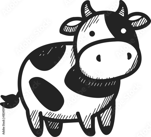 Cartoon cow sketch hand drawn with black spots and rounded body. Vector illustration