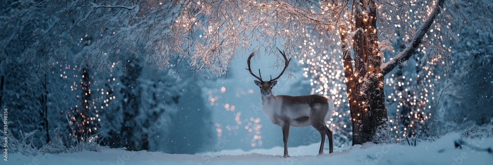 Naklejka premium Reindeer standing in snowy forest with magical Christmas lights. Reindeer standing in deep snow, illuminated by magical Christmas lights in a winter forest