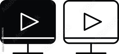  Monitor play button icon for video tutorials, media streaming, online learning interface symbol, minimalist computer screen vector with transparent background