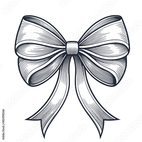 Illustration of a detailed ribbon bow with shading and line work on a white background image view