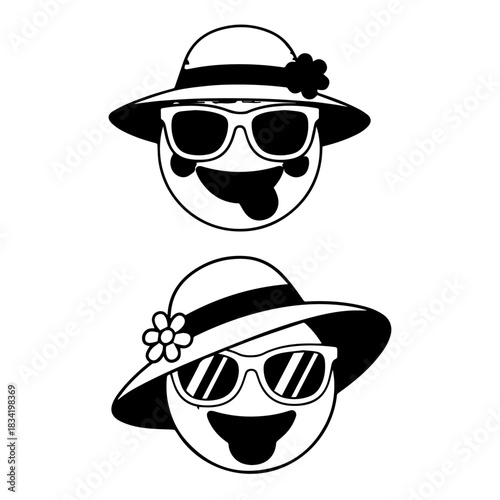 HAPPY VACTION EMOJI,  Emoji summer character clipart design. Summer emoji clip art wearing stylish summer hat, sunglasses and flower with smiling, cool, happy and excited facial expression 