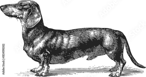 Dachshund dog sketch, hand drawn side view, vintage engraving style. Vector illustration