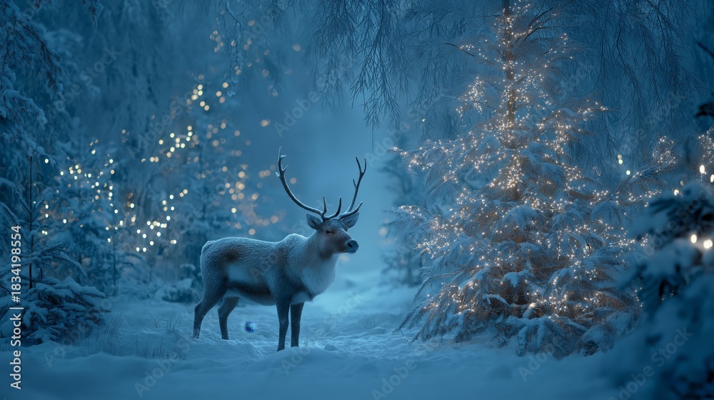Naklejka premium Reindeer standing in snowy forest with magical Christmas lights. Reindeer standing in deep snow, illuminated by magical Christmas lights in a winter forest