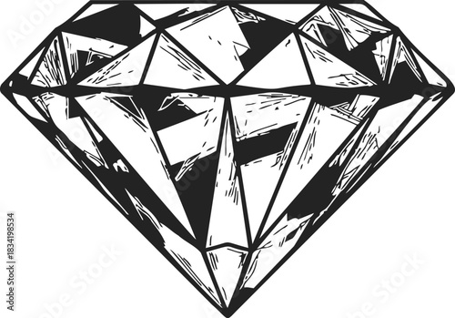 Diamond sketch hand drawn vector, detailed gemstone facets in black and white. Vector illustration