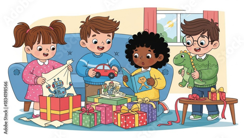 Diverse group of children excitedly opening presents on a couch and floor revealing toys like a robot car dinosaur and book