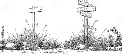 Wooden signposts sketch hand drawn with grass and rocks roadside scene. Vector illustration