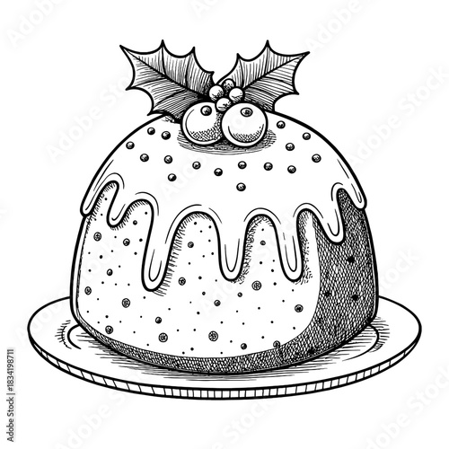 Illustration of a christmas pudding with holly berries and leaves on a plate in black and white style
